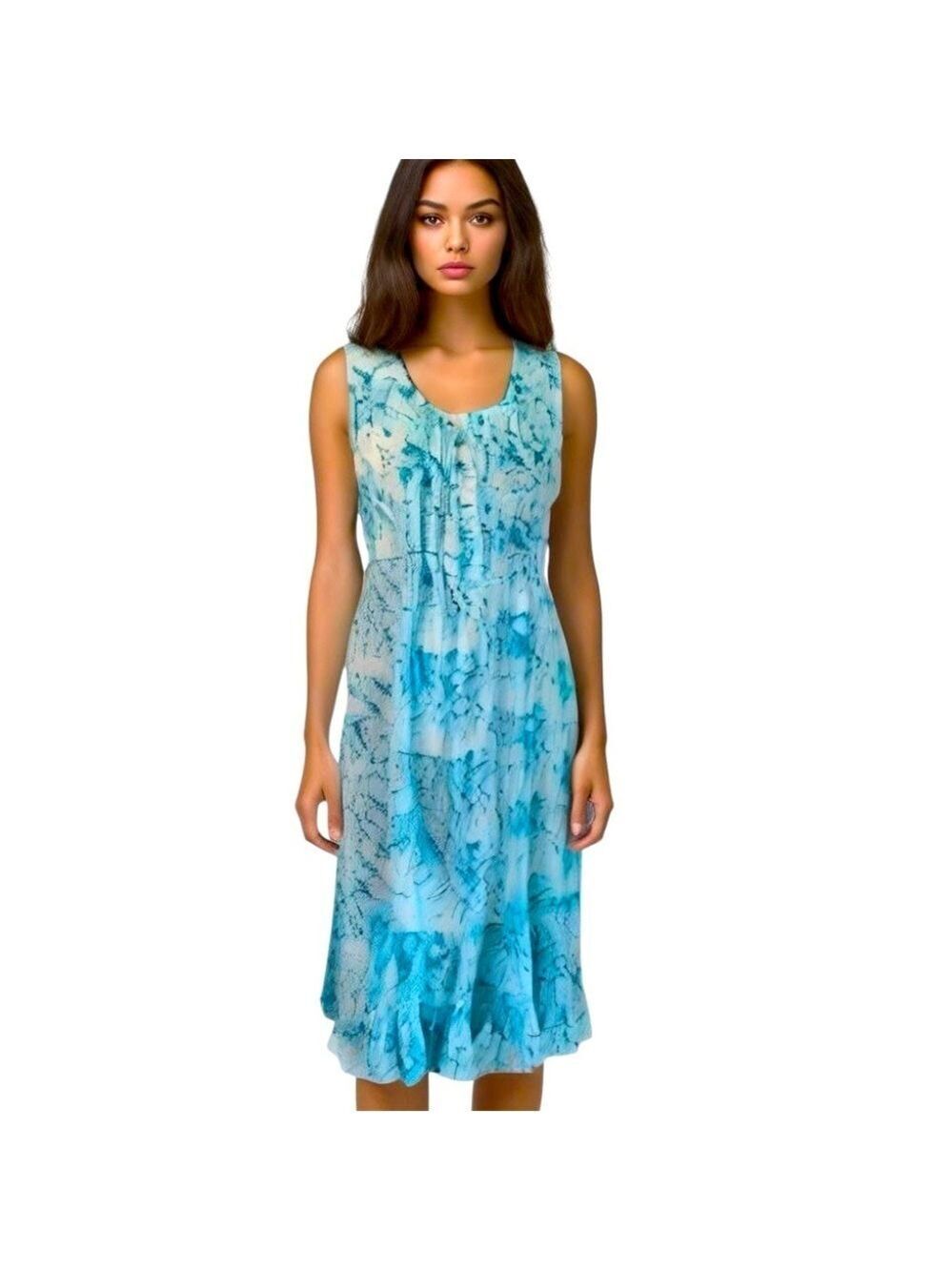 Noi Blue Print Sleeveless Dress with Ruffle Hem Large